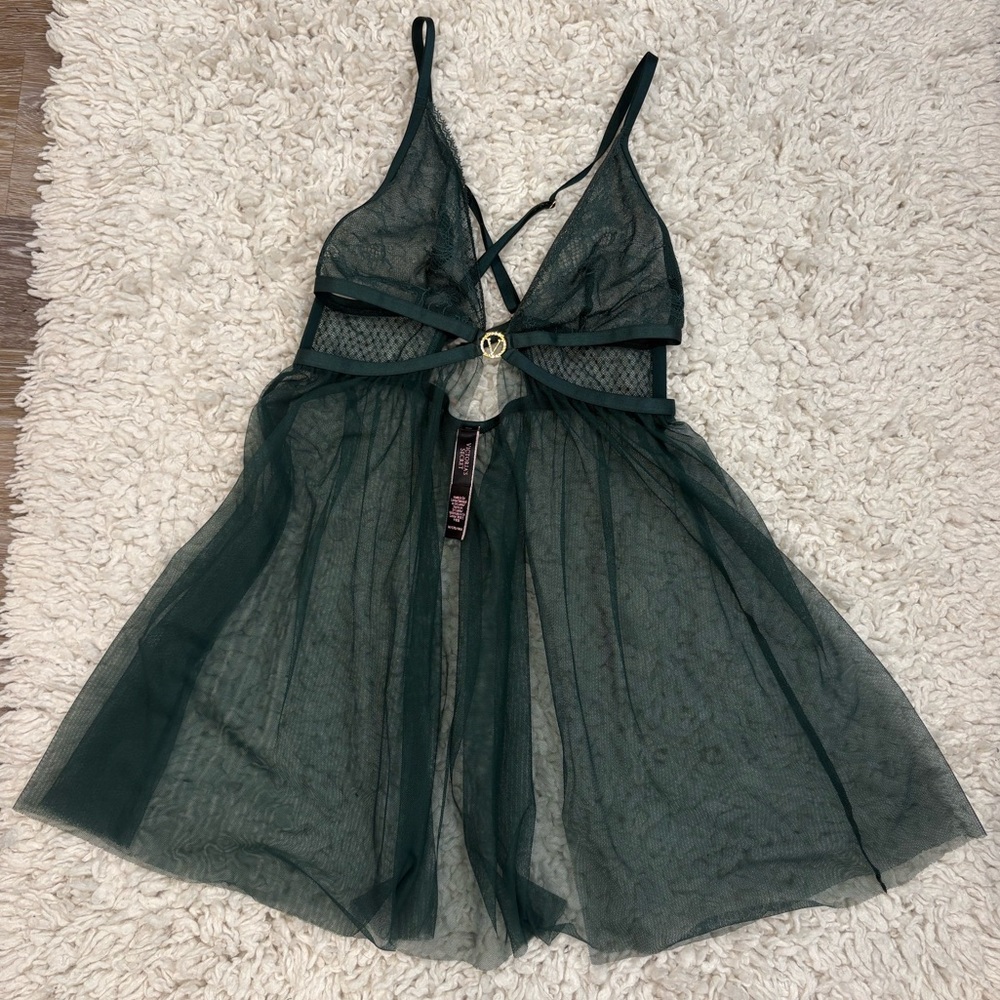 Victoria's Secret Dark Green Sheer Babydoll Lingerie with Open Front